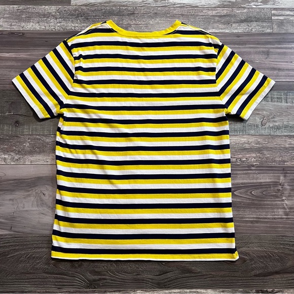 GUESS Los Angeles Mens Y2K Retro Embroidered Logo Tee Cotton Yellow Navy Striped - Picture 2 of 7